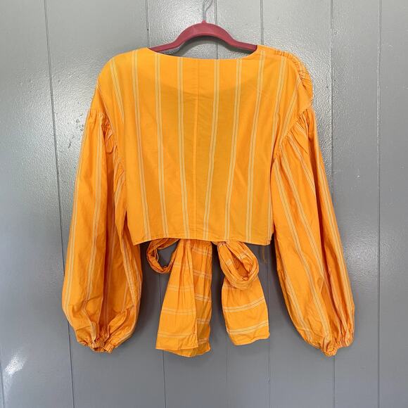 Acler Wyatt Orange Stripped Puff Sleeves Summer Wrap Cropped Blouse 10 - Picture 8 of 9